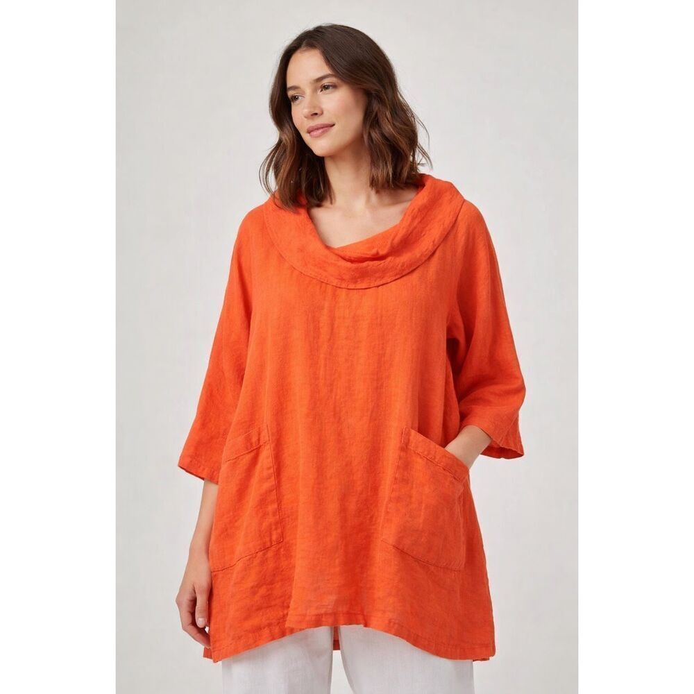 Match Point Linen Tunic Top Orange Cowl Neck Pockets Lagenlook M
